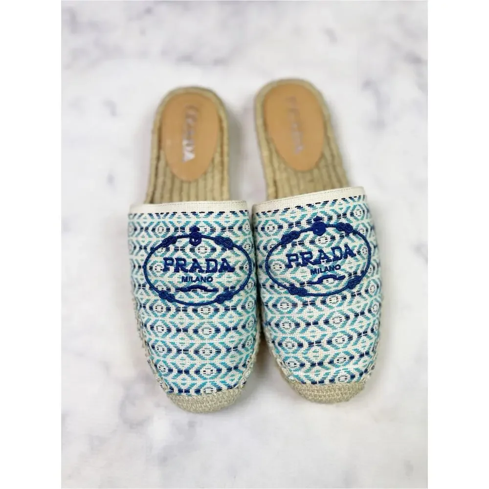 PRADA Nastro Embroidered Logo Jacquard Canvas Espadrille Mules Slip-On Sz 39 / 9